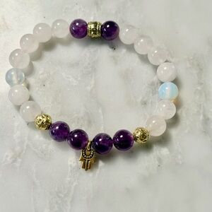 Handmade Amethyst, Rose Quartz & Opalite Hamsa Bracelet-Intuition,❤️, protection
